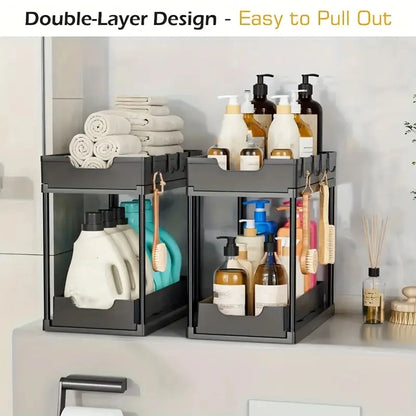 Double-Layer Pull-Out Kitchen Storage Rack, Non-Slip, Stable, Multi-Functional Storage Box with Five Hooks, under Sink Brush, Double-Layer Drawer Storage Rack, Suitable for Kitchen and Bathroom Countertop Sink Storage